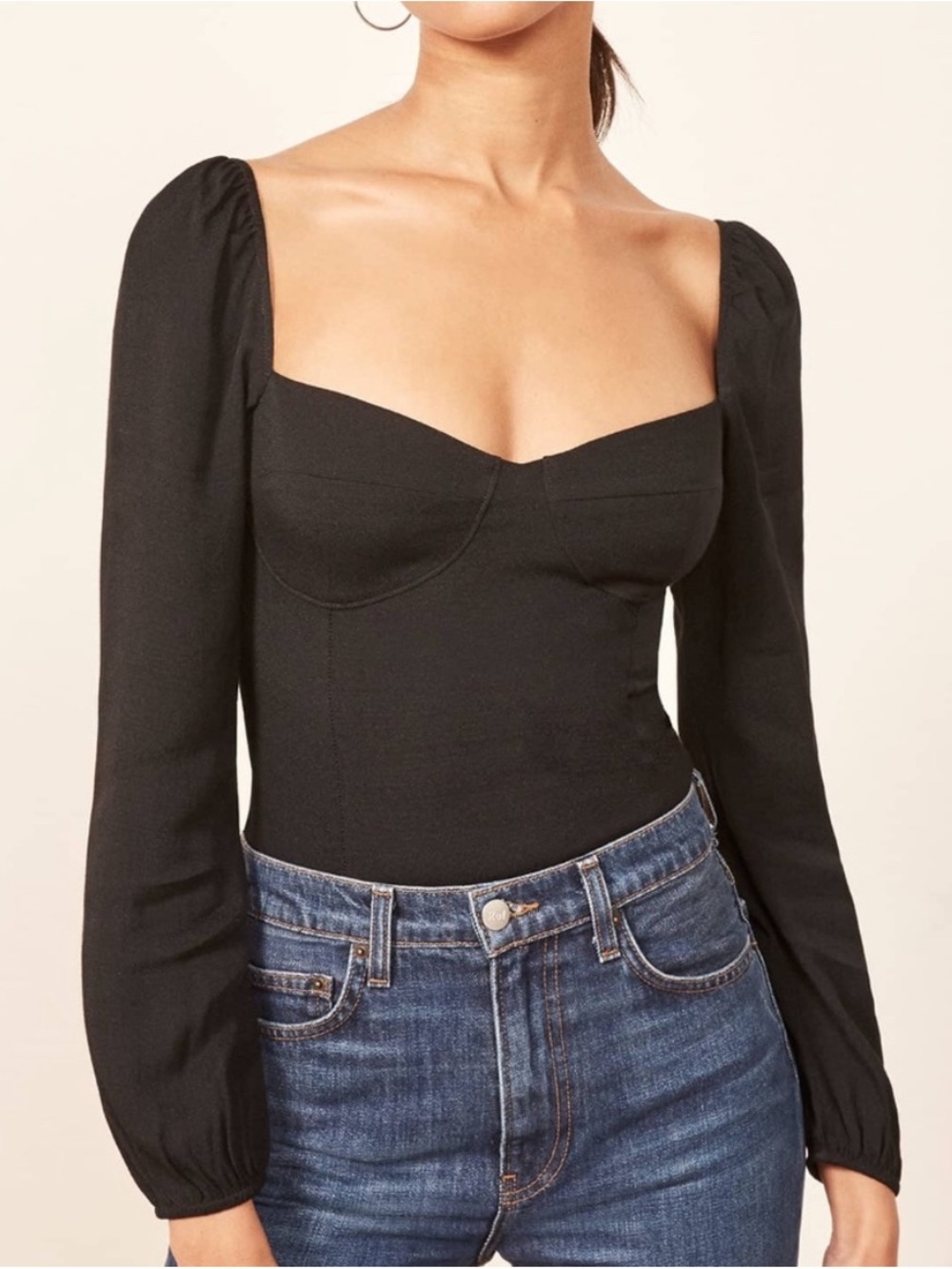 Reformation Reign Black Sweetheart Long-Sleeve Top size 2